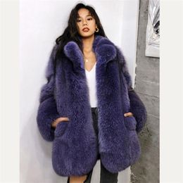 Damesbont faux fursarcar 2021 jas 70 cm lange dromerige paarse kleur natuurlijke jas met kraag mode winter echt