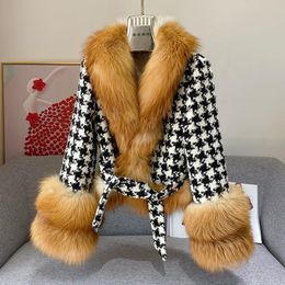 Dames bont faux fursarcar 2021 winterjas Houndstooth korte katoenen jas natuurlijke jassen met kraagmode uit het deler worden