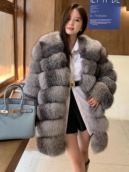 Manteau mi-long en fausse fourrure pour femme, Style médiéval, haut de gamme, argent, bleu, cuir entier, gel finlandais européen, 231013