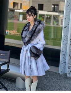 Fourrure femme Faux FURYOUME hiver femmes manteau Long lapin naturel avec grand col et poignets en argent véritable mode Streetwear 231018