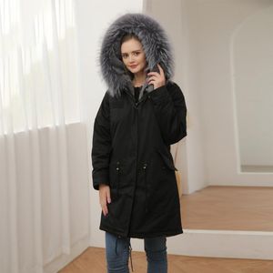 Parka d'hiver en fausse fourrure pour femme avec capuche et raton laveur