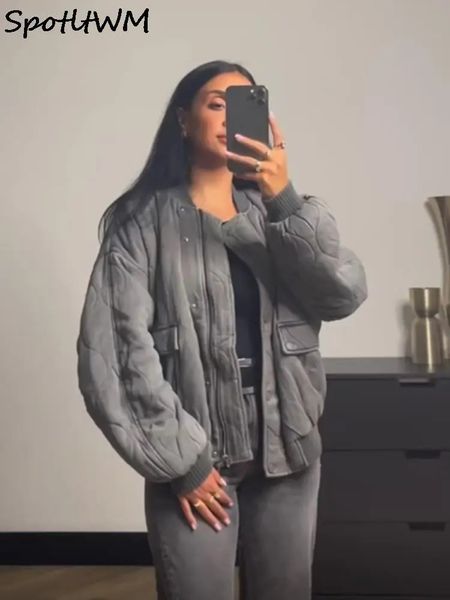 Femmes Fourrure Faux Gris Col Montant Fermeture Éclair Femmes Bomber Coton Manteau Lanterne Manches Surdimensionné Lâche Poche Veste 2023 Automne Hiver Chic Outwears 231023