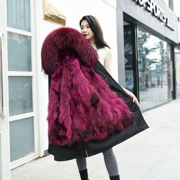 HANZANGL – manteau d'hiver en fausse fourrure pour femme, doublure détachable en vrai raton laveur, Parka longue, vêtements 12 couleurs S4XL 231018