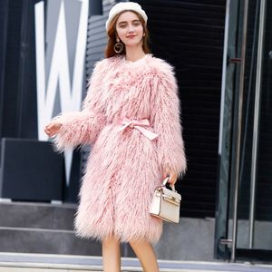 Fausse fourrure pour femmes HJQJLJLS hiver femmes long manteau de mouton élégant avec ceinture femme luxe moelleux rose veste artificielle vêtements d'extérieur 221122