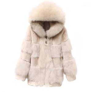 Manteau à capuche en fausse fourrure pour femme, veste naturelle chaude et élégante, gilet à col montant, manches longues, manteaux en cuir, chapeau