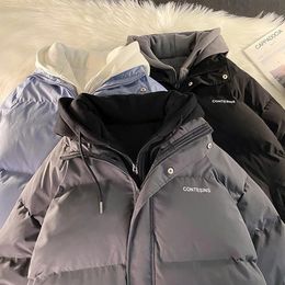 Chaqueta de plumón con cremallera de dos piezas falsa coreana de piel sintética para mantener el abrigo cálido de algodón acolchado Y2K para hombres y mujeres en Harajuku 231205