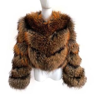 Dames bont faux dames winter luxe crop jas lange mouw V-vormig handgesneden verdikte warme mode dames echte wasbeer jas 231207