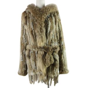 Femmes s fourrure fausse dame tricoté réel manteau de fourrure de lapin veste outware avec capuche femmes ceinture longs glands Brésil 220926