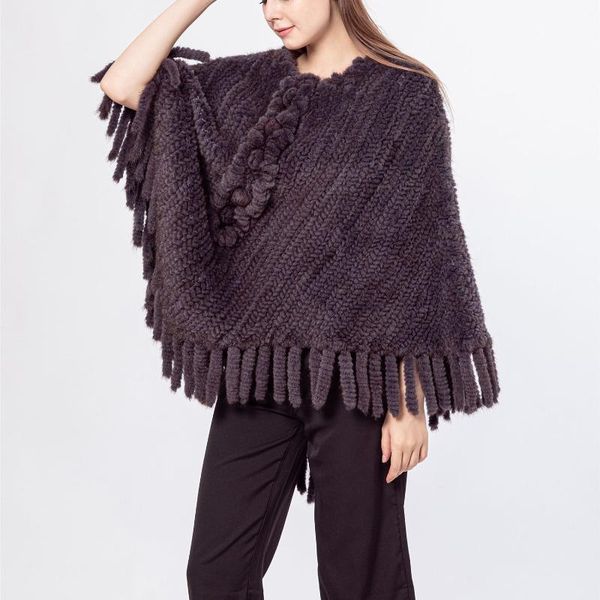 Poncho en fausse fourrure naturelle pour femme, tricoté en vison véritable, avec pompons à volants, Cape à fleurs, châle, enveloppe tricotée à la mode, 2023