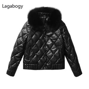 Femmes fourrure fausse Lagabogy 2023 automne hiver Ultra léger blanc canard vers le bas manteau femmes chaud court mince bouffante veste femme Parkas réel 230915