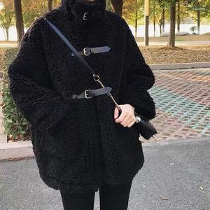 Manteaux en fausse fourrure d'agneau pour femmes, vestes longues et chaudes pour l'hiver, ceintures amples