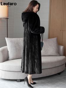 Mujeres s Fur Faux Lautaro Winter Maxi Black Warm Fluffy Mink Coat Mujeres con capucha Manga larga con falda Elegante lujo Korean Fashion 221128