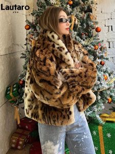 Femmes fourrure fausse Lautaro hiver court épais chaud imprimé léopard manteau femmes avec capuche Raglan à manches longues fille ample doux moelleux veste 231202