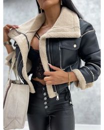 Veste en Faux cuir PU pour femme, vêtement d'extérieur court, épais et chaud, noir, rétro, manteau en velours à revers, hauts d'hiver, 231108