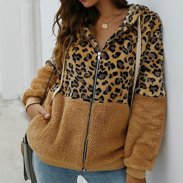 Abrigo de piel sintética con retales de leopardo para mujer, chaqueta de invierno de felpa mullida con capucha para otoño, abrigo de talla grande