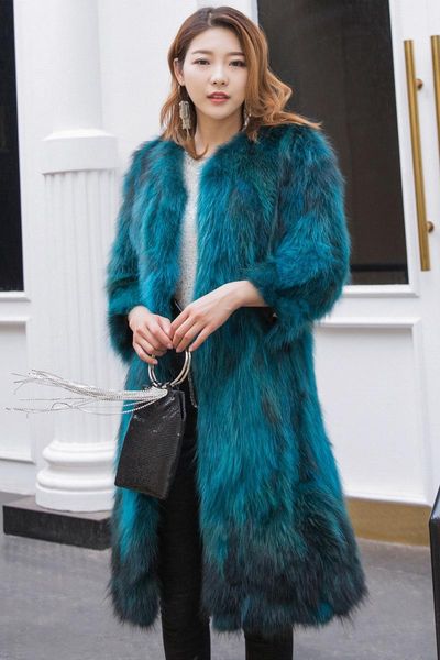 Manteau long naturel en fausse fourrure pour femmes pour femmes mode hiver chaud 100cm manteaux de raton laveur bleu vert noir couleur vente entière C145femmes