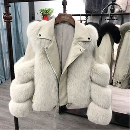 Manteaux de luxe en fausse fourrure pour femmes avec veste en cuir PU pour femmes vêtements d'extérieur de Moto courts 2023 hiver Moto vélo manteau chaud 230925