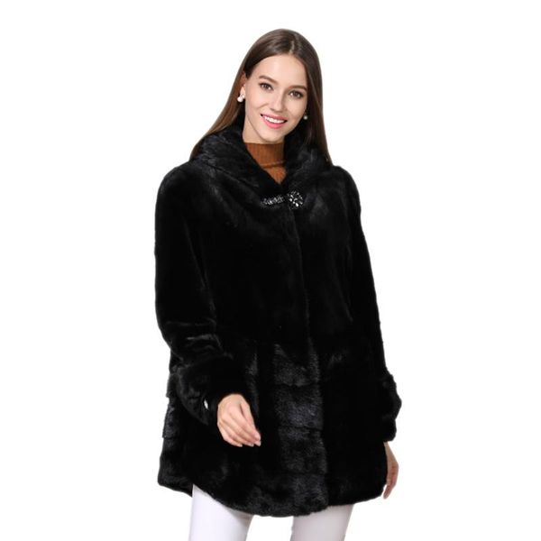 Femmes fourrure Faux luxe véritable vison manteau veste avec capuche mince ceinture hiver femmes vêtements d'extérieur grande taille 3XL 4XL 5XL