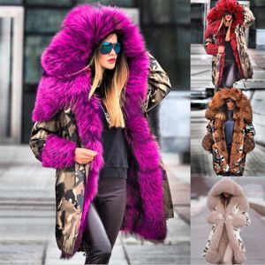 Dames bont faux luxe lange jas voor vrouwen 2023 winter dikke jas met capuchon warme vrouwelijke camouflage jassen