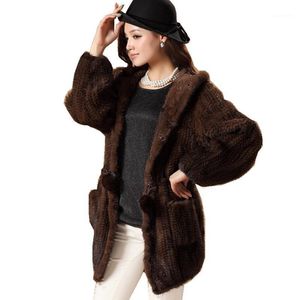 Manteau d'hiver en fausse fourrure pour femme, manteau de vison tricoté véritable avec capuche, vêtement d'extérieur chaud, pardessus VF0498