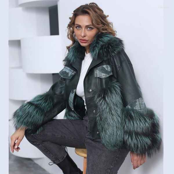 Femmes fausse fourrure MISSJANEFUR 2022 manteau d'hiver femmes en cuir véritable veste avec col chaud luxe noir argent grande taille