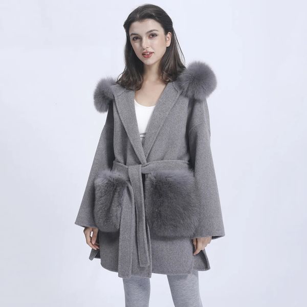 MISSJANEFUR – manteau en fausse fourrure pour femme, veste en laine à capuche avec garniture décontractée, à la mode, avec de grandes poches, ample, ceinturée, 231115