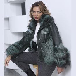 MISSJANEFUR – manteau d'hiver en fausse fourrure pour femme, veste en cuir véritable avec col, chaud, de luxe, noir, argent, grande taille 231118
