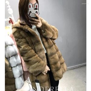 Manteau Long à capuche en fausse fourrure naturelle de vison véritable pour femme, vêtement d'extérieur de luxe