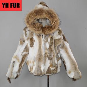 Dames bont faux natuurlijke echte jas vrouwen lente winter kort jasje met wasbeerkraagkraag met capuchon overjas