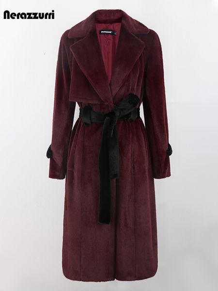 Abrigo de piel sintética Nerazzurri para mujer, largo, suave, cálido, de lujo, elegante, mullido, color rojo vino y negro, cinturón de visón para mujer, cinturón 230112