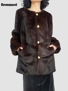 Manteau de vison épais et chaud pour femme, fausse fourrure Nerazzurri, marron, manches longues, simple boutonnage, élégant, luxe, Chic, veste moelleuse, 2023, 231202