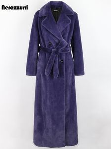 Femmes Fourrure Faux Nerazzurri Hiver Long Violet Noir Épais Chaud Doux Moelleux Manteau Femmes Ceintures Double Boutonnage Fourrure Pardessus 230922