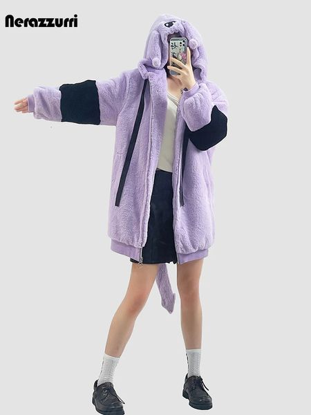 Femme fausse fourrure Nerazzurri hiver violet et noir Patchwork manteau femmes avec oreilles de lapin épais chaud doux doux mignon moelleux veste 2023 231202