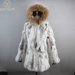 Manteau d'hiver en fausse fourrure pour femme, nouveau Style, veste d'hiver pour femme, Long lapin, coupe-vent, grand col de raton laveur naturel, capuche épaisse et chaude, T221102