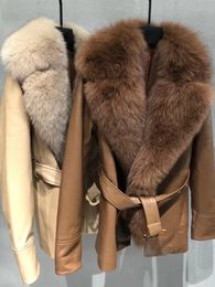 OFTBUY-abrigo Real de piel sintética para mujer chaqueta de invierno con cuello Natural cinturón de piel de oveja auténtica ropa de abrigo gruesa y cálida 231115