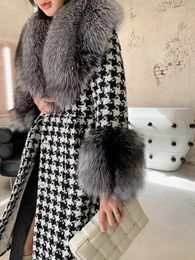 Dames Bont Faux OFTBUY Winterjas Dames Echte jas Wolmengsels Geruite kraag Manchetten Tweed XLong Slanke riem Dikke warme 231115