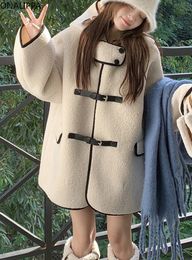 Veste à capuche en fausse laine d'agneau pour femme, fausse fourrure, boutons chics, manteaux amples à simple boutonnage, mode coréenne assortie avec tout, manteau mi-long 231115
