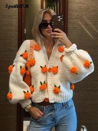 Femmes fausse fourrure surdimensionné 3D fleur col en V tricot Cardigan femmes mode à manches longues chaud pull automne hiver lâche simple boutonnage tricots manteau 231206