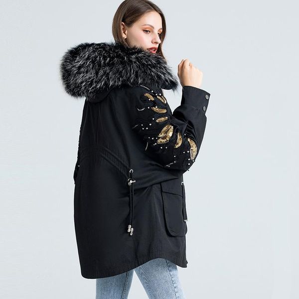 Parka fausse fourrure femme cordon de serrage manteau taille véritable raton laveur col doublure mi-longue à capuche veste d'hiver 2023