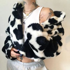 Femmes fourrure fausse à pois en peluche lâche col haut Cardigan automne hiver noir blanc manteau femmes Stand veste 231005