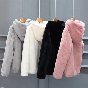 Abrigo de hierba de invierno de imitación de conejo de piel para mujer, abrigo cálido suave con capucha Artificial para mujer, chaqueta para mujer, ropa informal con cremallera superior 221116