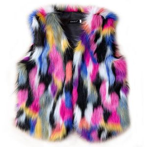 Femmes fourrure Faux arc-en-ciel manteau moelleux gilet femmes hiver chaud coloré épissé gilet dames artificielle grande taille