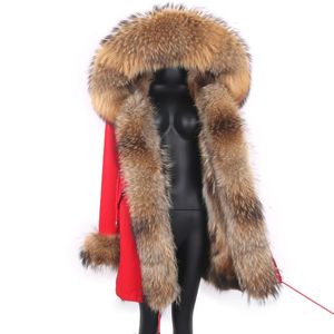 Manteau d'hiver en fausse fourrure pour femme, grande capuche avec col de raton laveur naturel, Parka longue imperméable, doublure épaisse et chaude