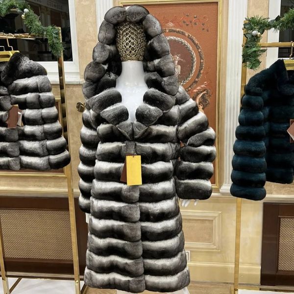 Manteau en fausse fourrure pour femme, avec capuche, veste longue d'hiver, grand lapin Rex, Chinchilla, à capuche, 231114