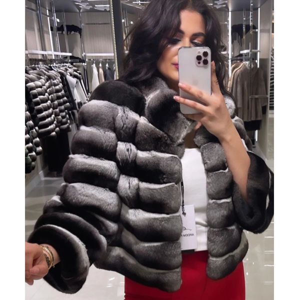 Manteau en fausse fourrure pour femme, manteau de luxe, couleur Chinchilla, court, lapin Rex, pour l'hiver chaud, 231013
