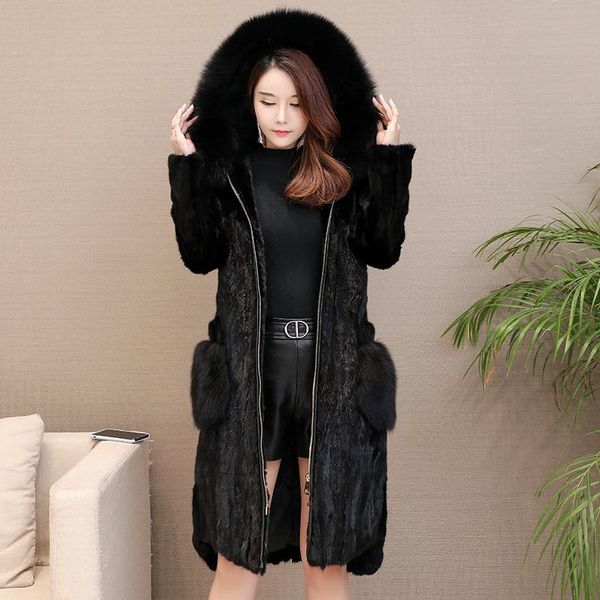 Abrigo largo de visón de piel sintética para mujer con cuello y capucha, chaqueta natural auténtica para mujer, larga