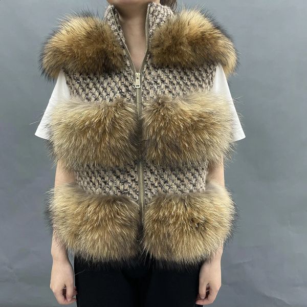 Femmes fourrure fausse vraie gilet femmes raton laveur mode hiver laine mélanges veste décontracté moelleux gilet naturel 231118
