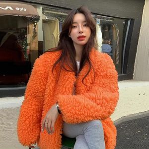 Dames bont faux rimocy oranje jassen vrouwen 2023 herfst winter open steek warme pluizig jas vrouw Koreaanse stijl losse bovenkleding vrouw