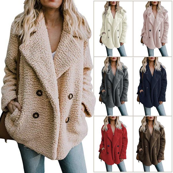 Abrigo de peluche sintético de piel para mujer, abrigo de invierno para mujer, chaquetas gruesas, abrigos de solapa cálidos para mujer, manga larga, esponjoso, cómodo con bolsillos de talla grande