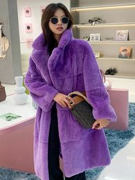 Manteau entier en fausse fourrure de lapin Rex pour femme, manteau entier avec col de costume, pardessus chaud à la mode, veste violette de 100cm de Long, pour femme, hiver 231108